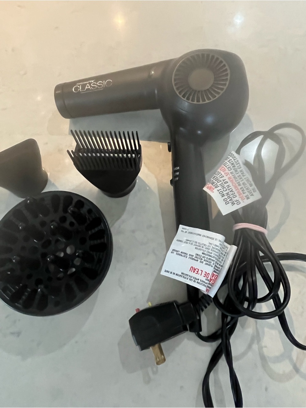 Classic Black Hair Dryer with Diffuser & Comb Attachment - Classic